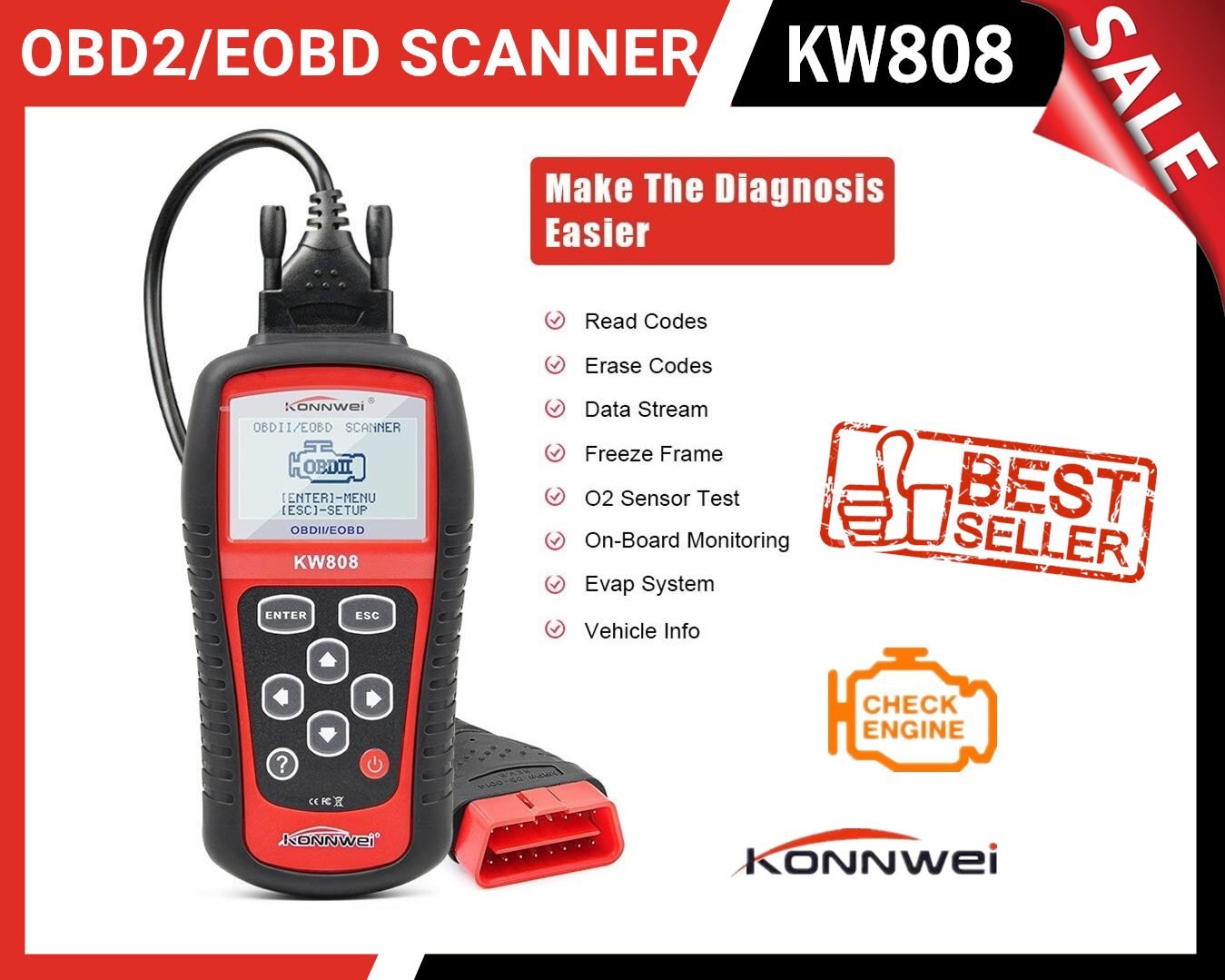 thumbnail image 2 of KONNWEI KW808 OBD2 Scanner – Code Reader For All 1996+ Vehicles – CAN Ready 2 of 4